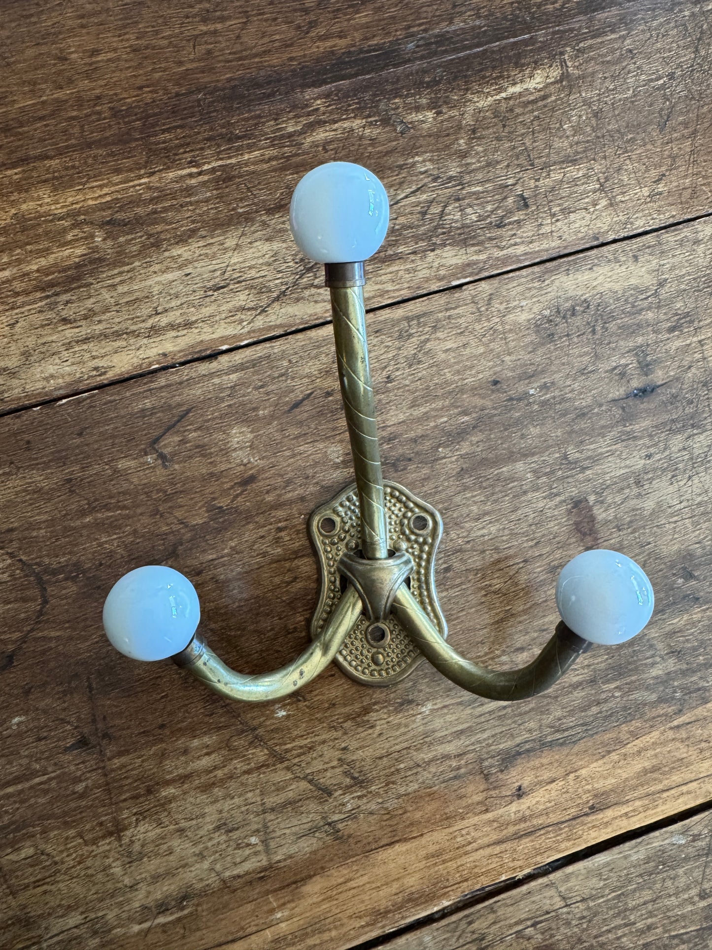 Vintage Ceramic Ball And Brass Wall Hook with Three Hooks