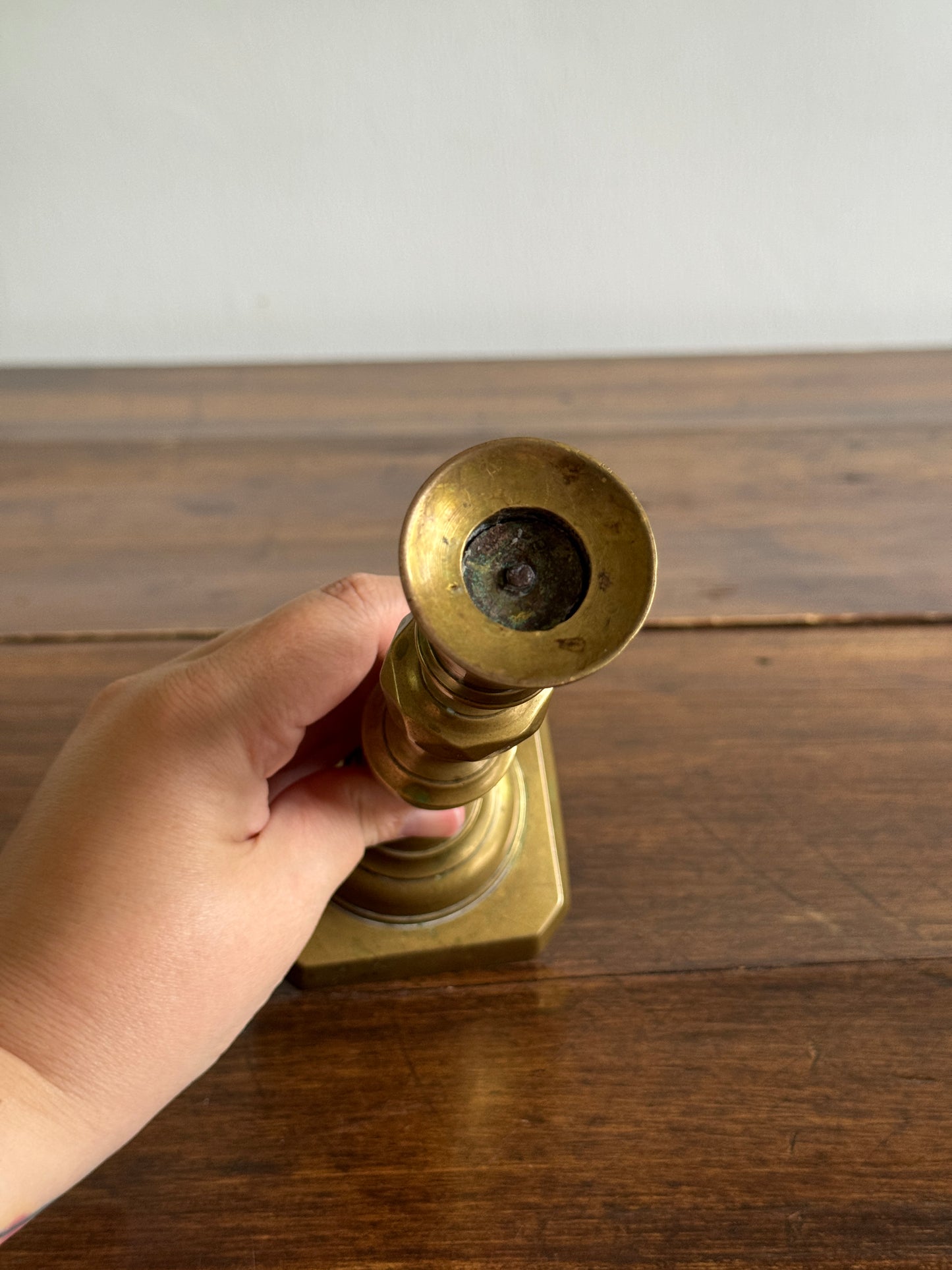 Single Vintage Brass Candlestick Holder with Squared Base and Ornate Post Detailing