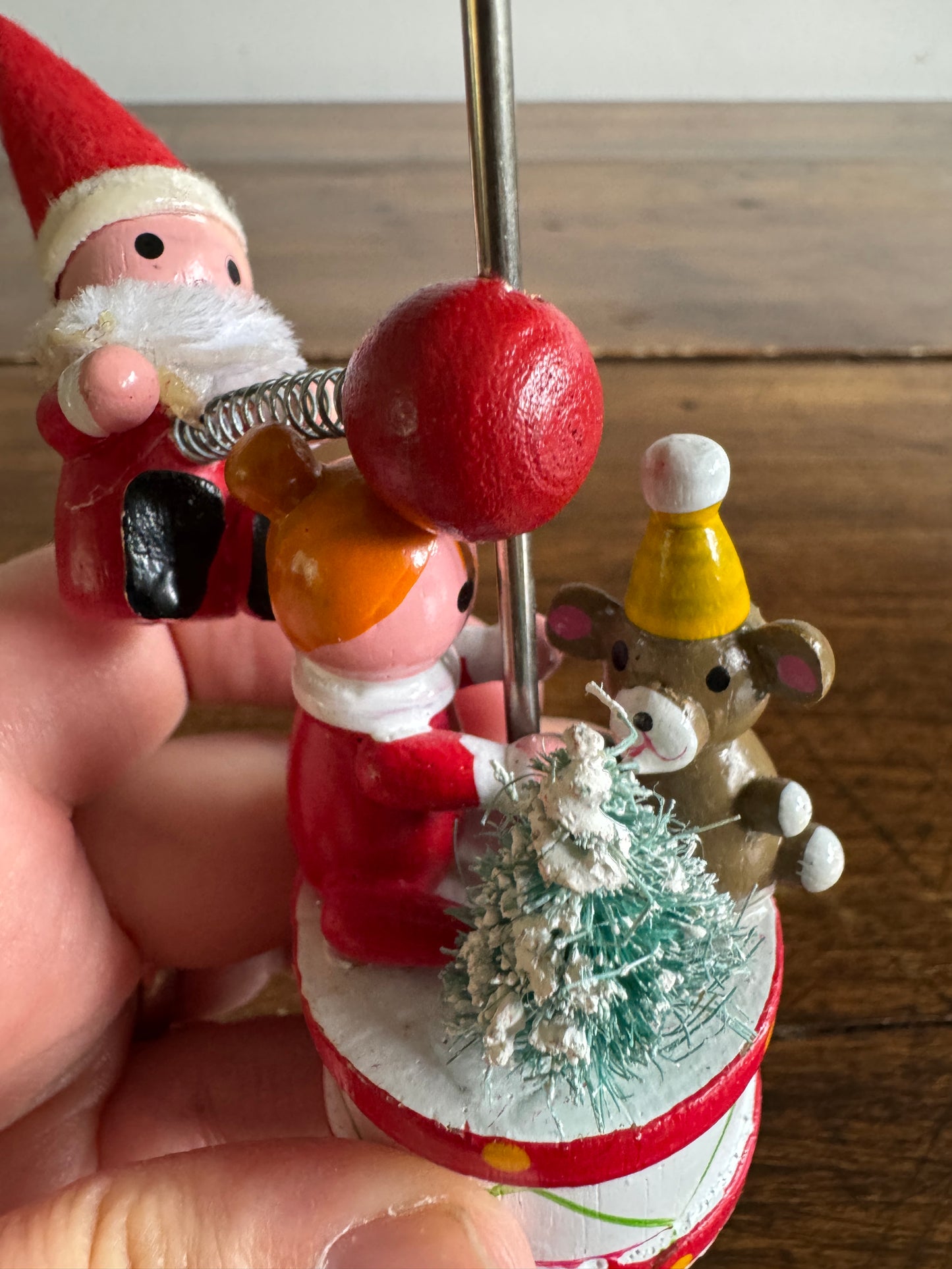 Two Wood Ornaments with Moveable Santa Figurine and Base Figurines - Made in Taiwan