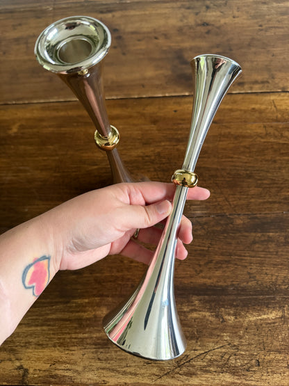 Pair of Vintage Dansk Silver-Plated and Brass Candlestick Holders - Modern Candle Holder Set of Two