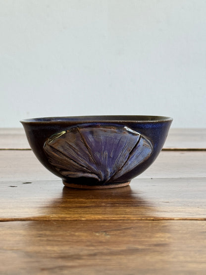 Hand Crafted Small Pottery Bowl with Leaf Design and Beautiful Blue Tones