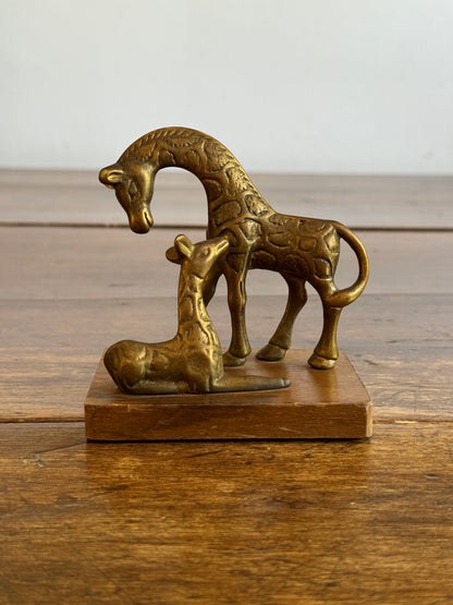 Vintage Small Brass Giraffes on Wooden Base