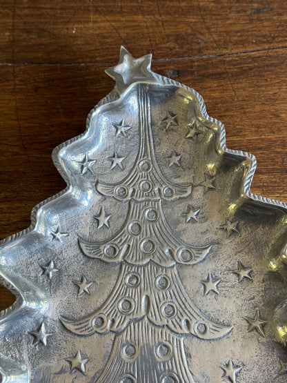 Silver-Tone Metal Christmas Tree Tray with Embossed Detailing