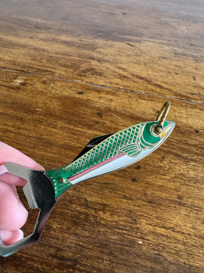Vintage Fish Shaped Bottle Opener and Foil Pocket Knife Shaped Like Fish