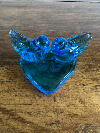 Vintage Glass Blue Birds of Happiness on Heart - Signed Paperweight
