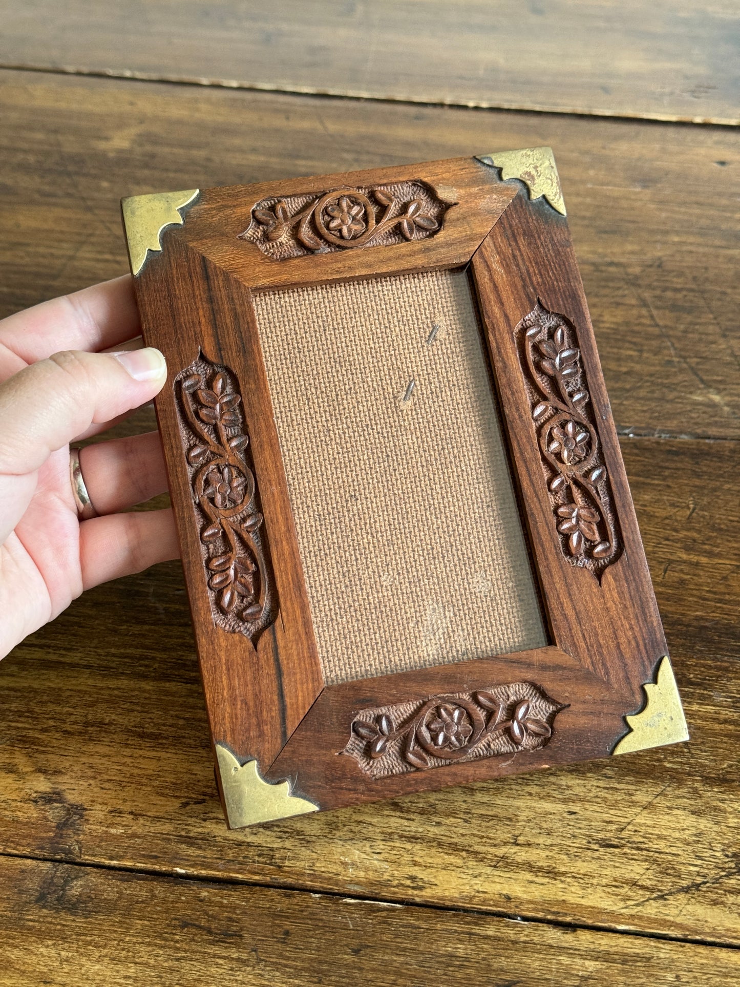 Wood Etched Frame with Floral Carvings and Brass Accents - Made in India