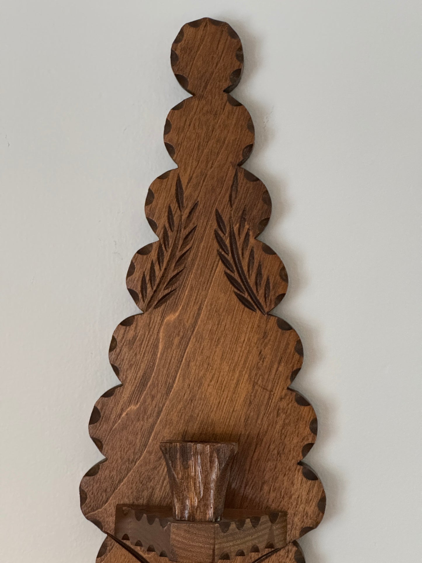 Vintage Wood Folk Art Carved Candle Sconce - Wall Mounted