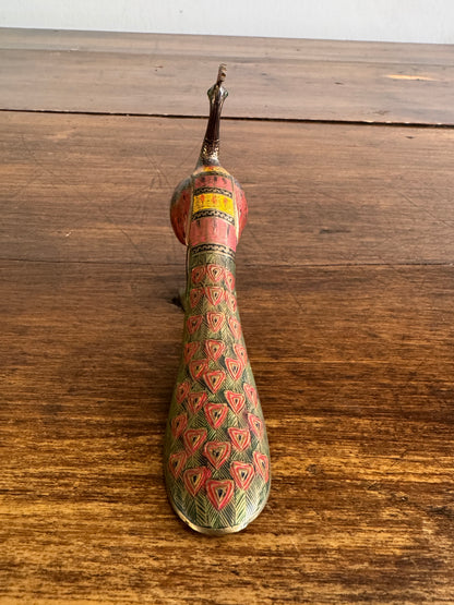Brass Peacock Figurine with Etched and Enamel Painted Detailing