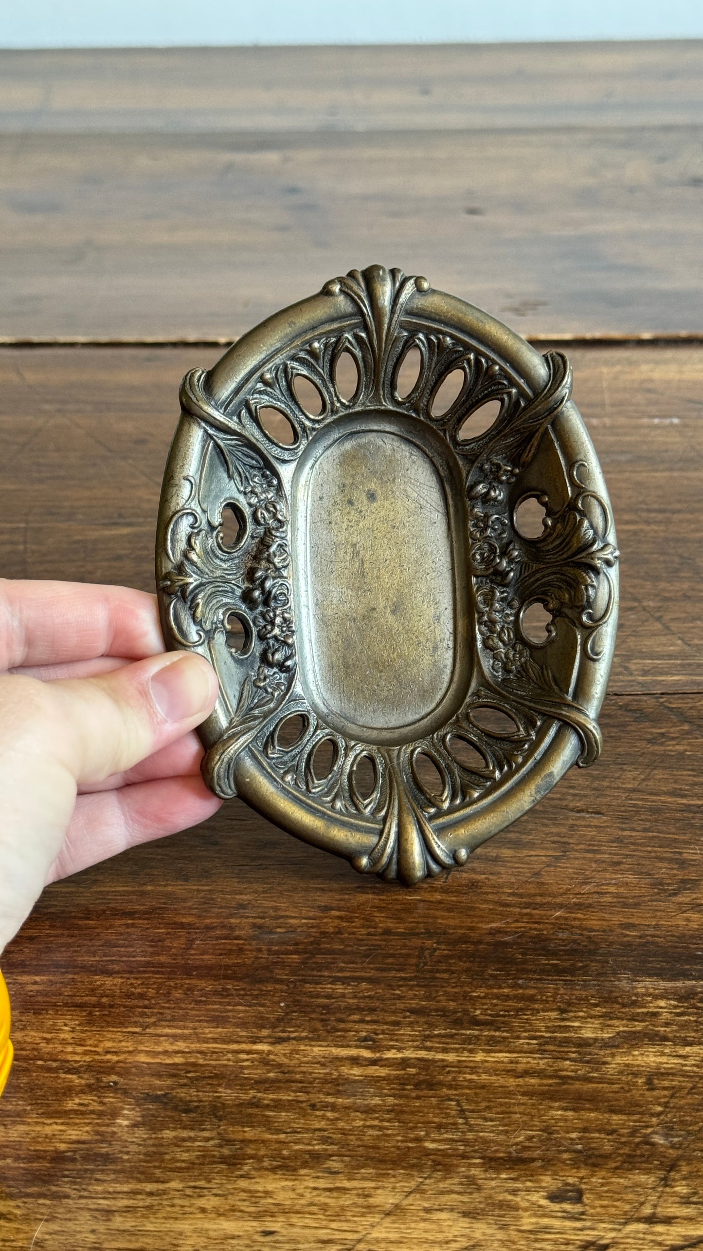 Vintage Embossed Metal Art Nouveau Dish with Ornate Detailing