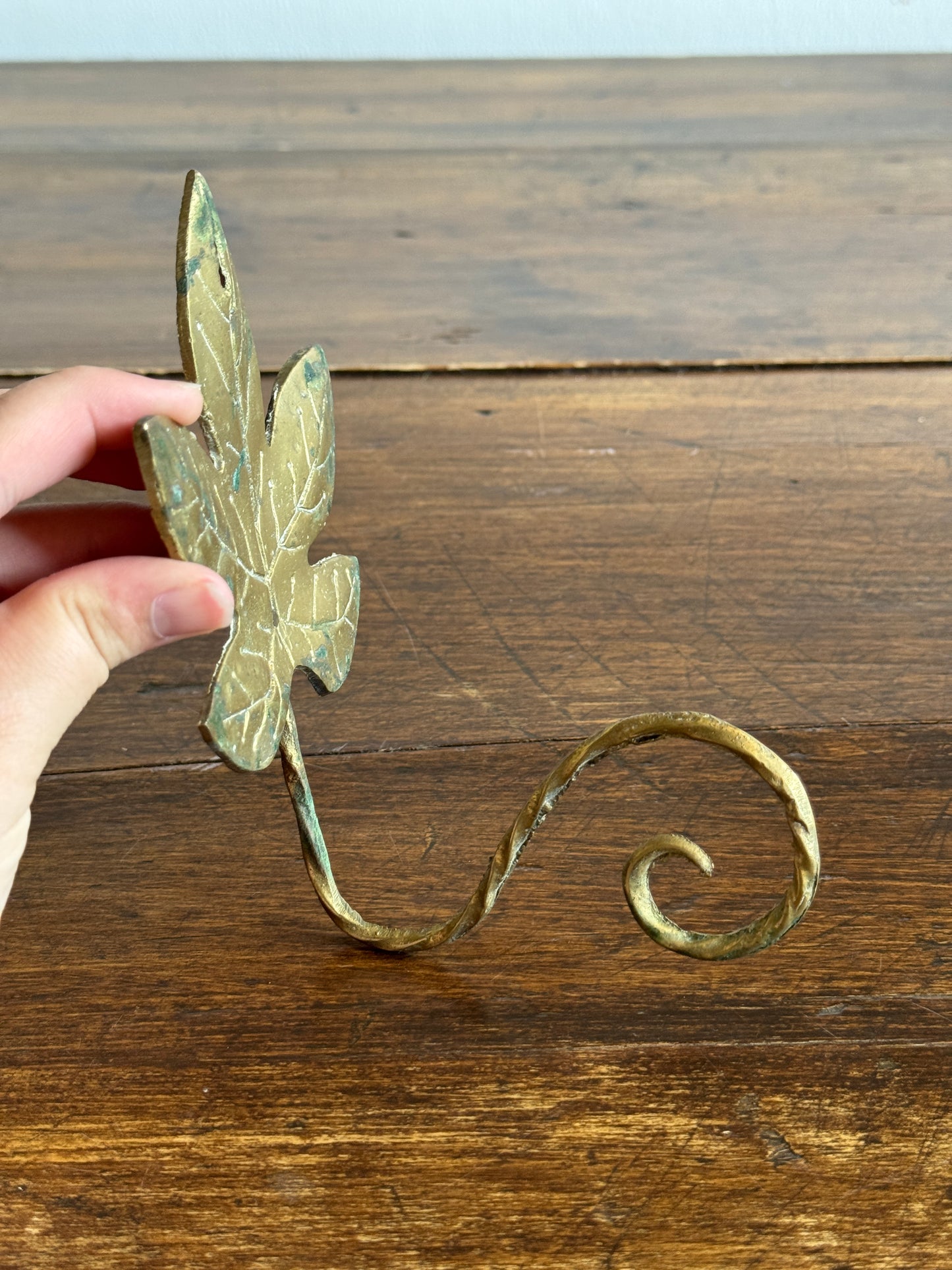 Vintage Cast Brass Leaf Hook with Swirled Hanger