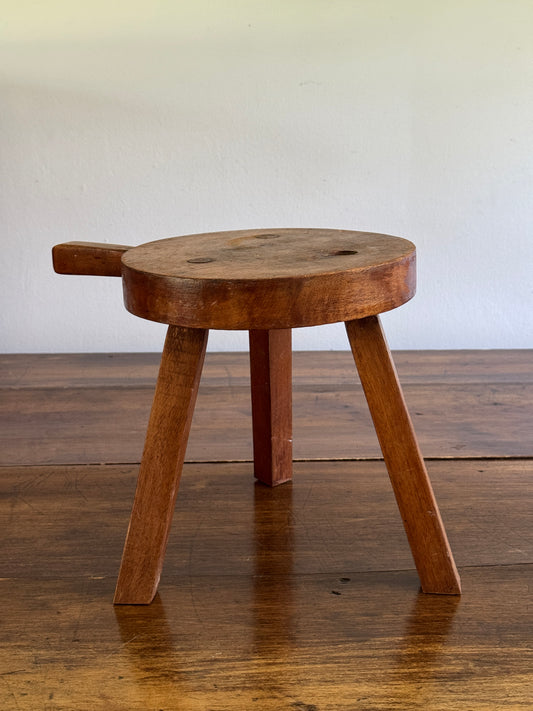 Vintage Small Wood Milk Stool with Handle and Tripod Legs