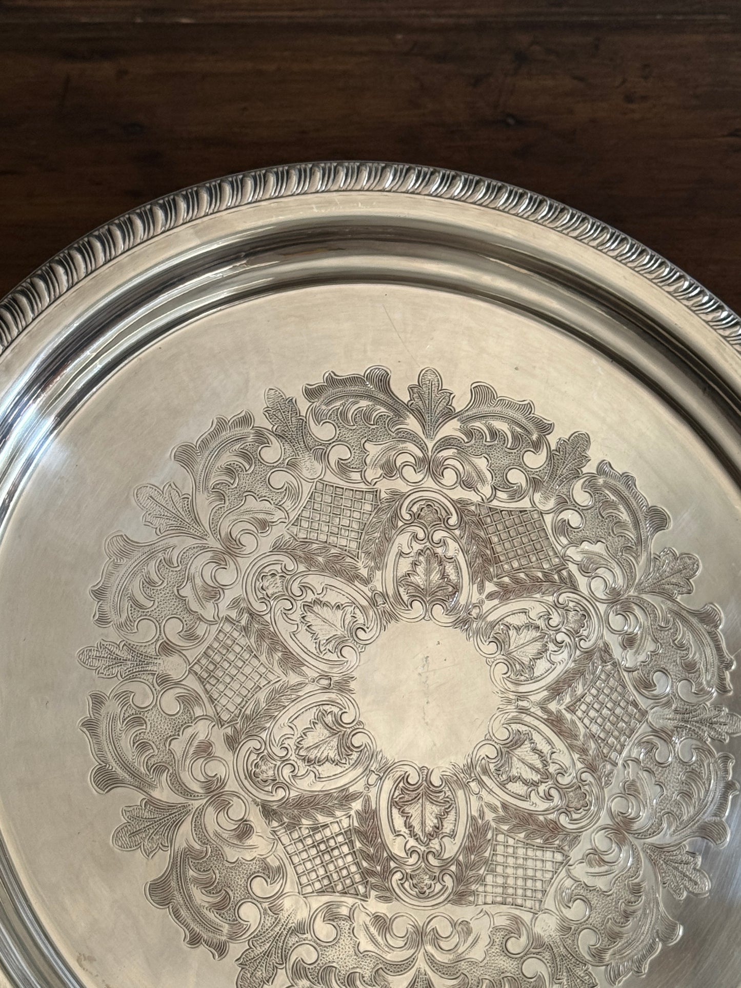 Large Vintage Viking Plate Silver E.P. on Copper Round Tray with Etched Detailing