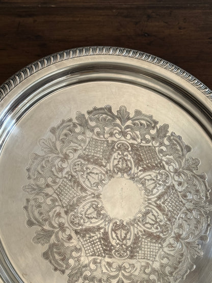 Large Vintage Viking Plate Silver E.P. on Copper Round Tray with Etched Detailing