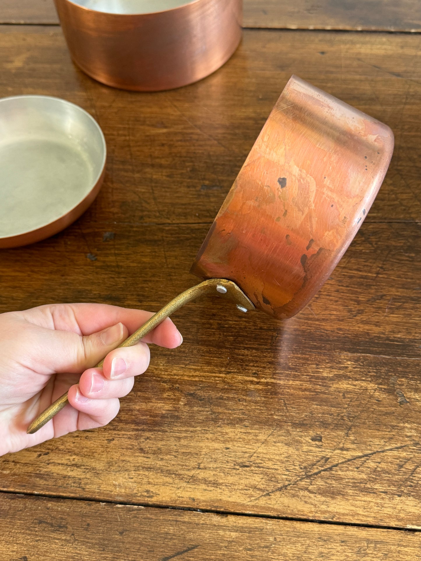 Vintage Three Piece Copper and Brass Pots and Pan Set