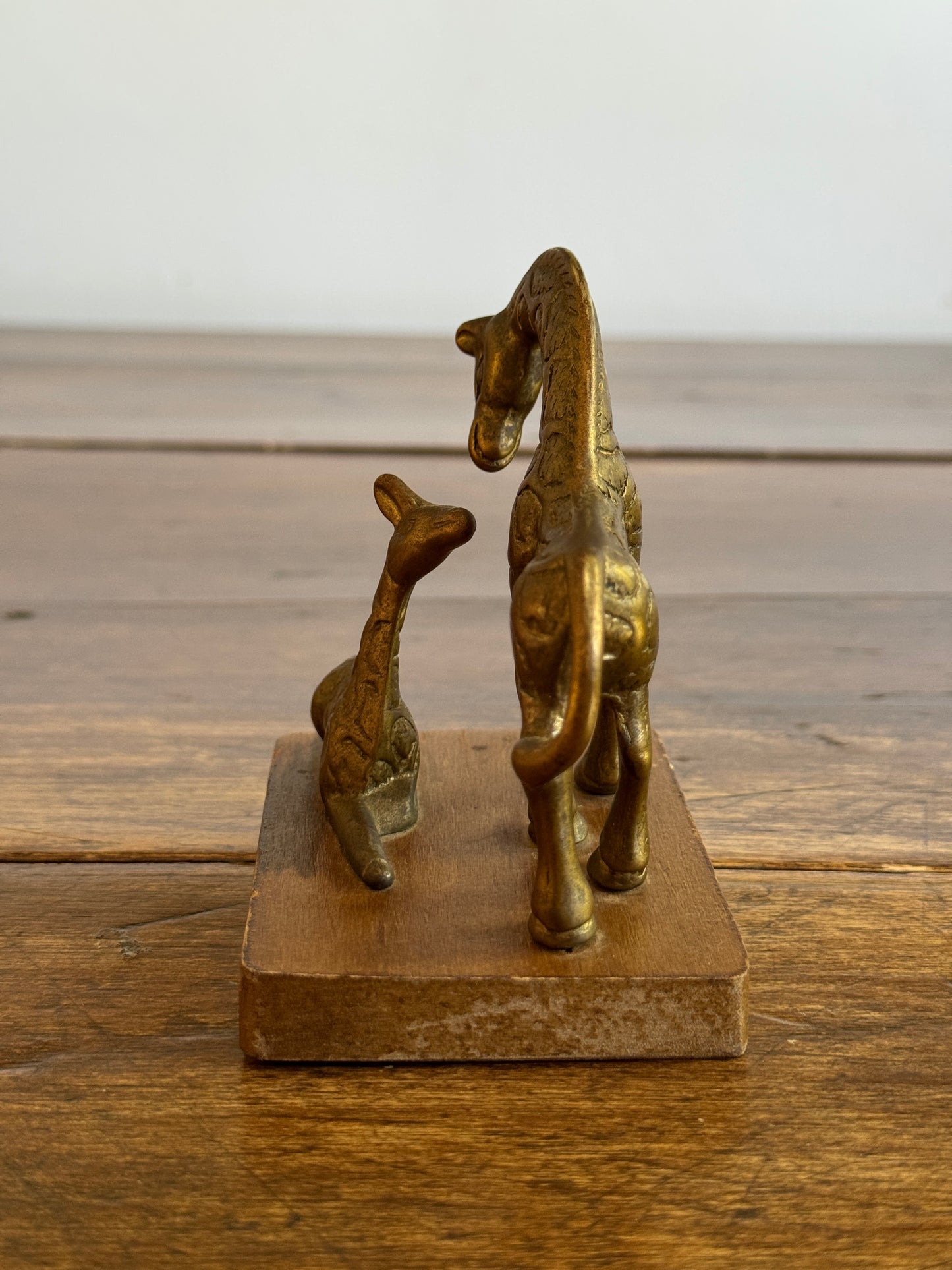 Vintage Small Brass Giraffes on Wooden Base