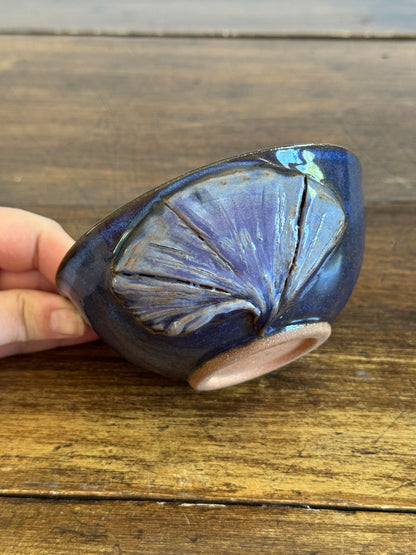Hand Crafted Small Pottery Bowl with Leaf Design and Beautiful Blue Tones