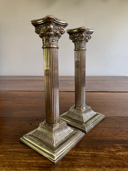 Silver Plated Column Candleholders - Greek Column Candle Holder Pair