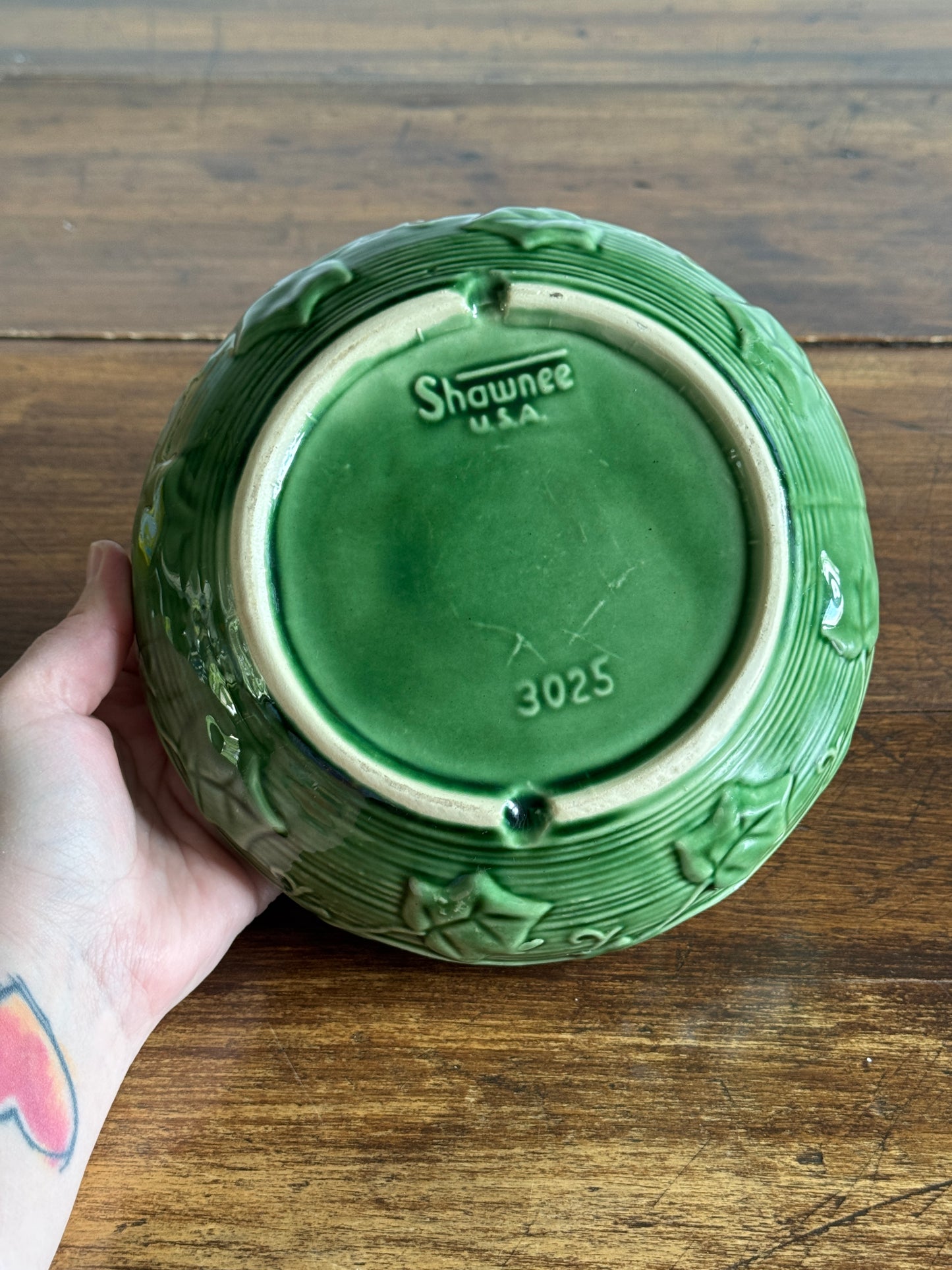 Vintage Shawnee Pottery Shallow Bowl with Ivy Leaf Print