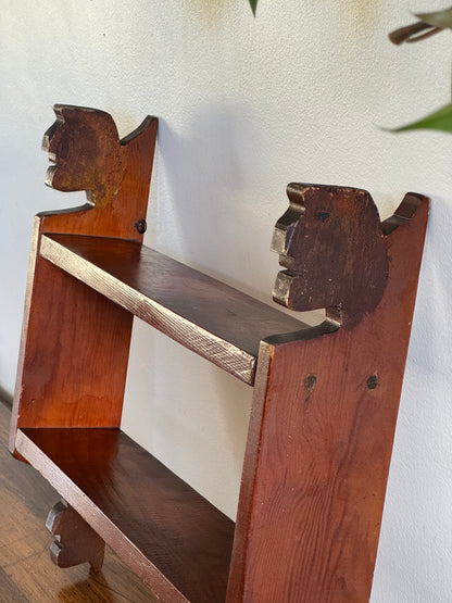 Vintage Folk Shelf Carved Shelf with Profile of Faces on Ends