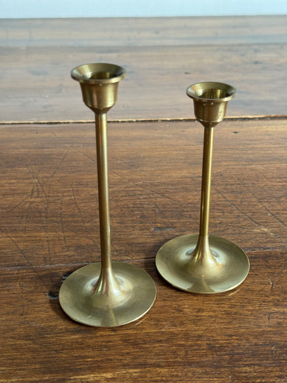 Pair of Two Brass Candles with Skinny Posts and Fluted Bottoms