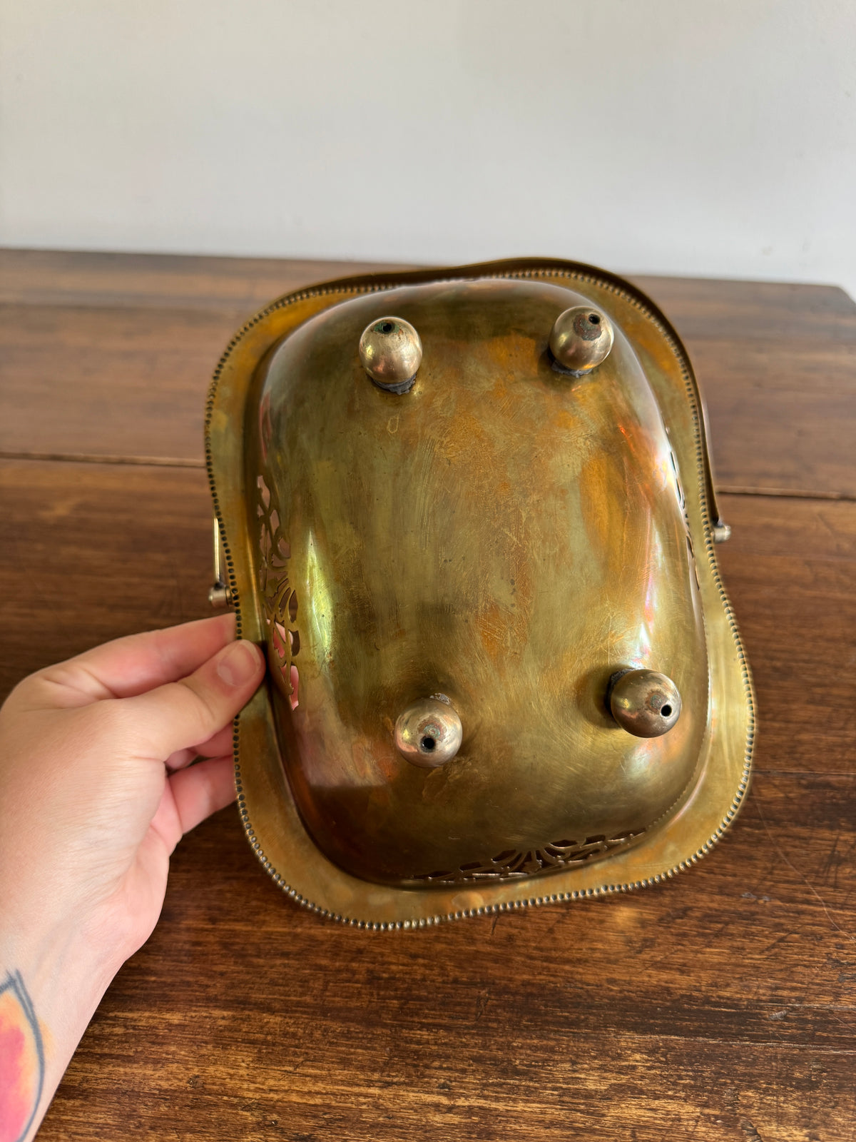 Vintage Cutout Brass Bowl with Handle and Small Ball Feet