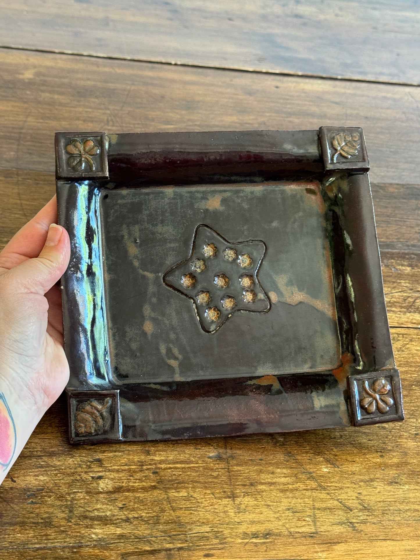 Vintage Folk Art Style Pottery Plate with Star Dish and Corner Embellishments