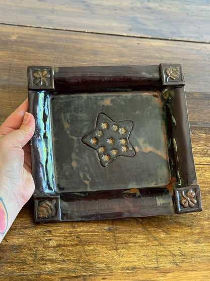 Vintage Folk Art Style Pottery Plate with Star Dish and Corner Embellishments