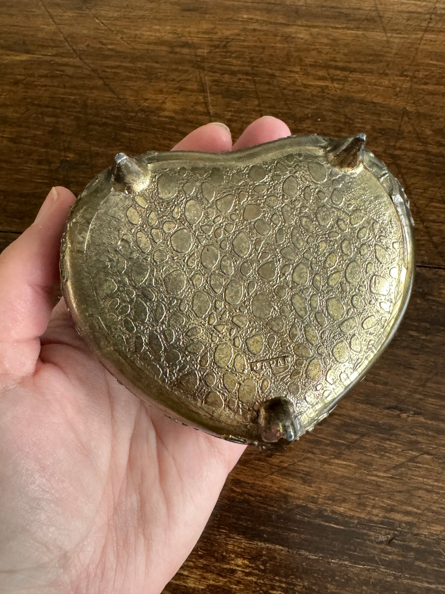 Small Vintage Heart Box with Ornate Metal Detailing Over Red Felt - Mini Trinket Box