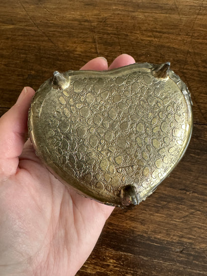 Small Vintage Heart Box with Ornate Metal Detailing Over Red Felt - Mini Trinket Box
