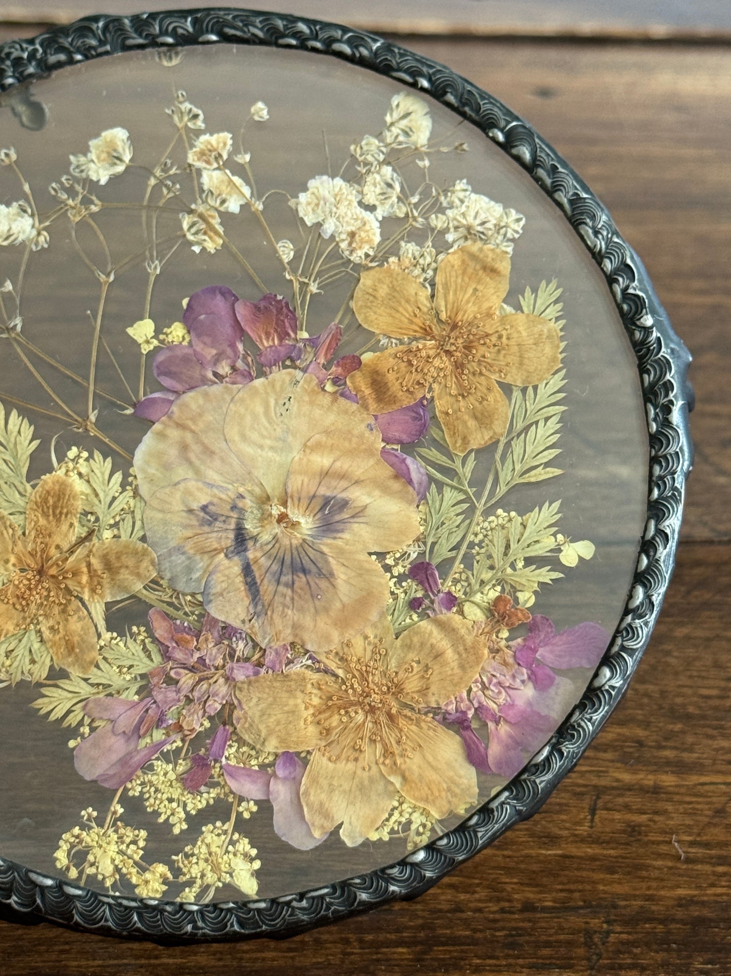 Vintage Pressed Flower Glass Trivet with Metal Edge and Feet