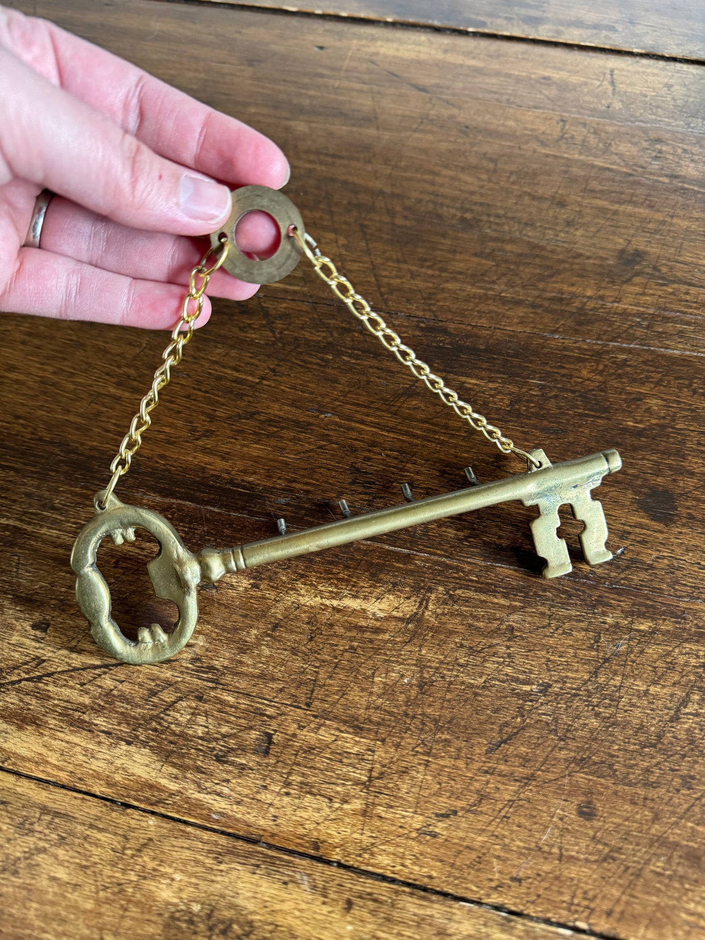 Vintage Brass Key Hook Shaped Like Old Key with Chain and Hooks