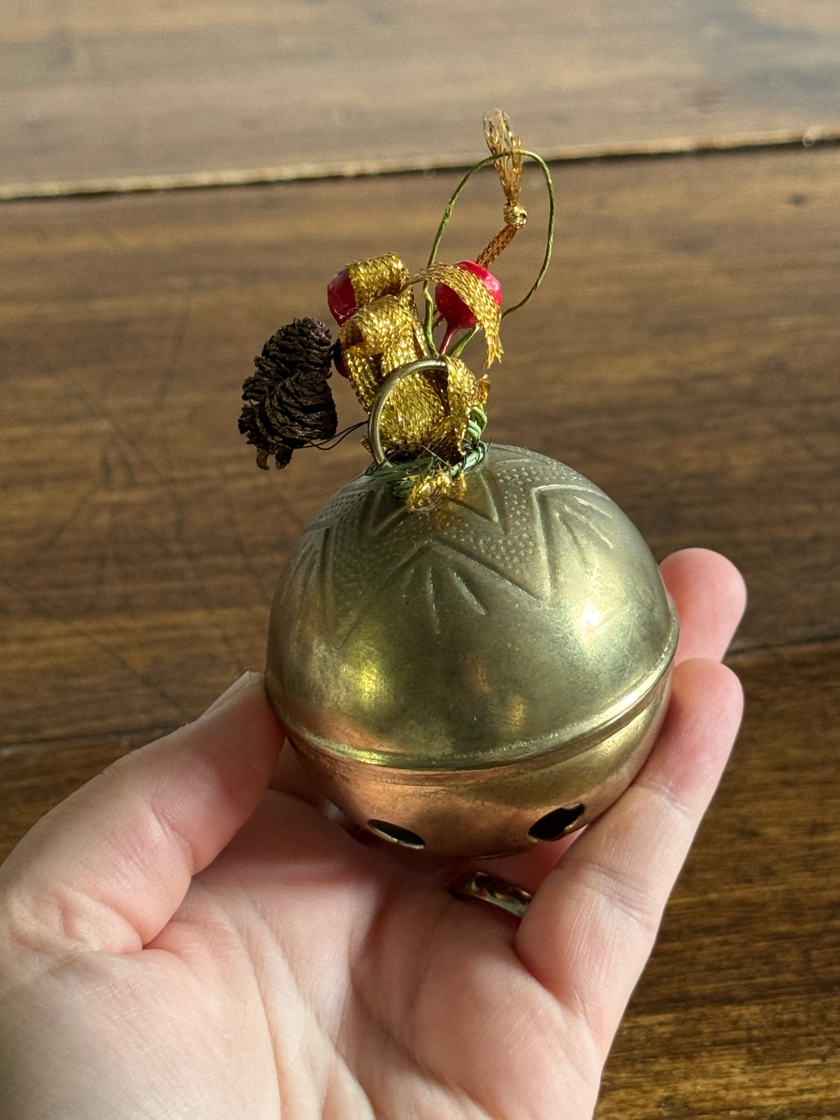 Vintage Brass Holiday Bell Ornament with Faux Holly Decor