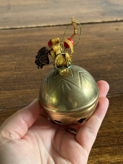 Vintage Brass Holiday Bell Ornament with Faux Holly Decor