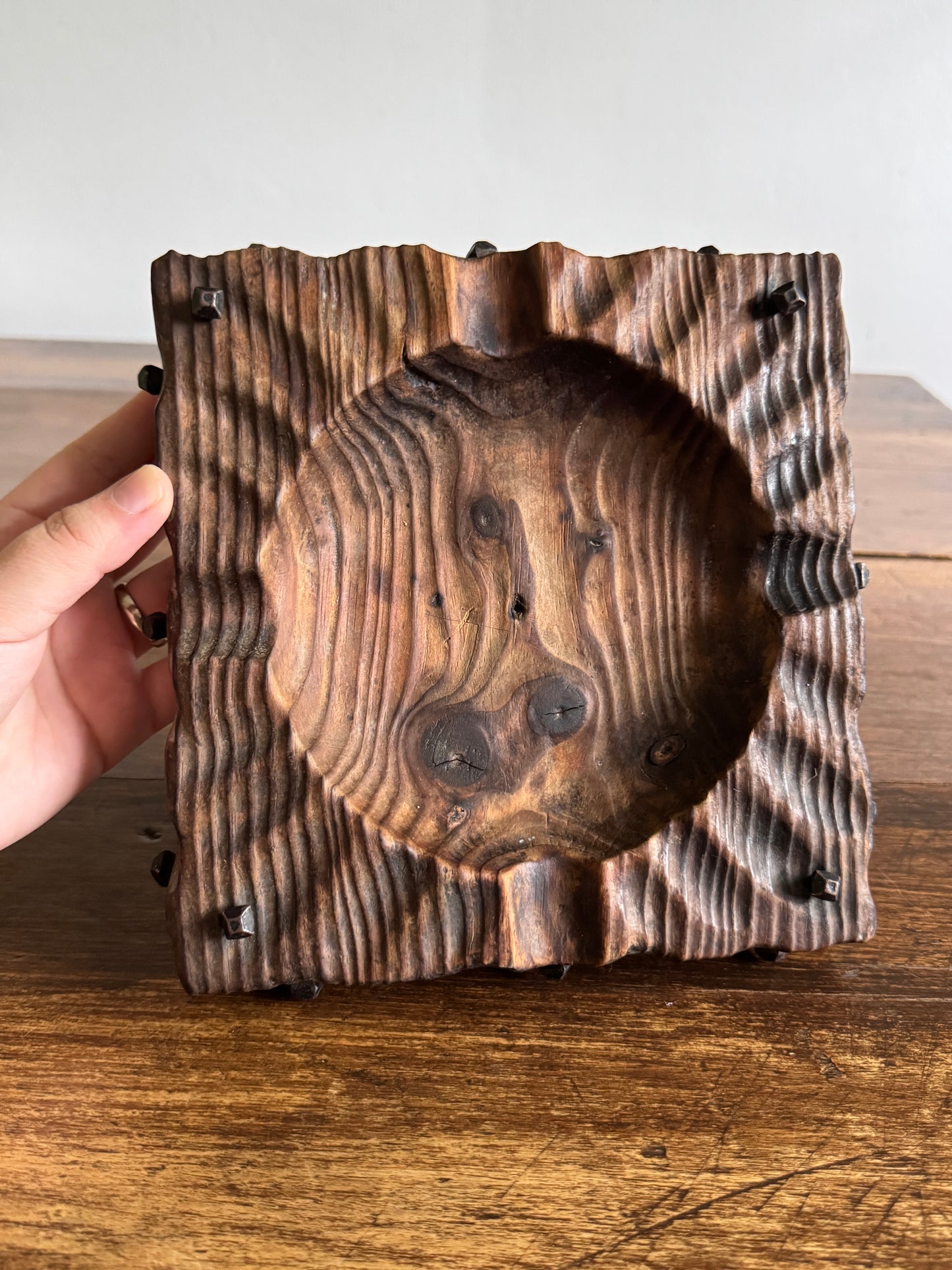 Rustic Wood Ashtray or Catchall Bowl with Metal Nail Accents