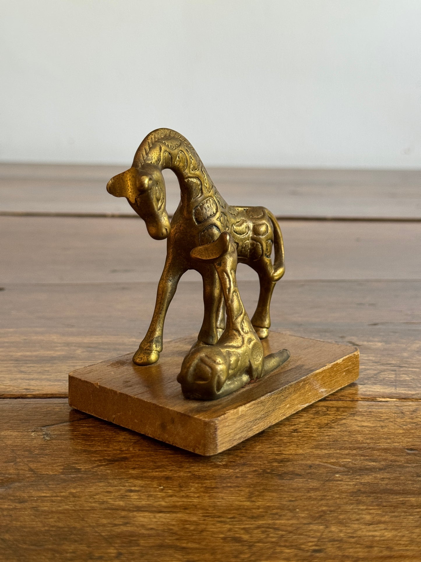 Vintage Small Brass Giraffes on Wooden Base