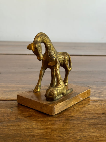 Vintage Small Brass Giraffes on Wooden Base