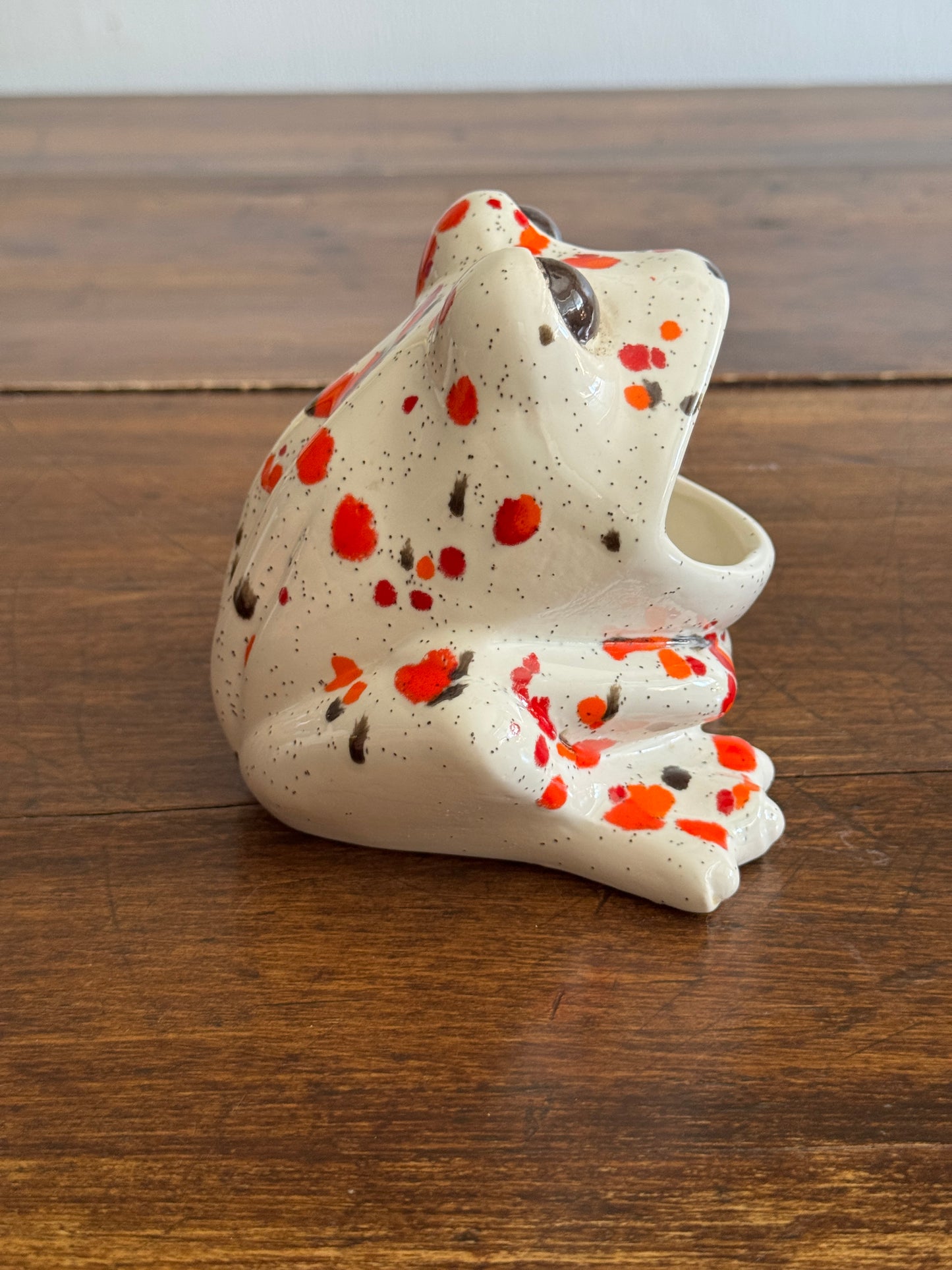 Vintage Ceramic Soap Holder Open Mouth Frog with Colourful Splatter Paint Design