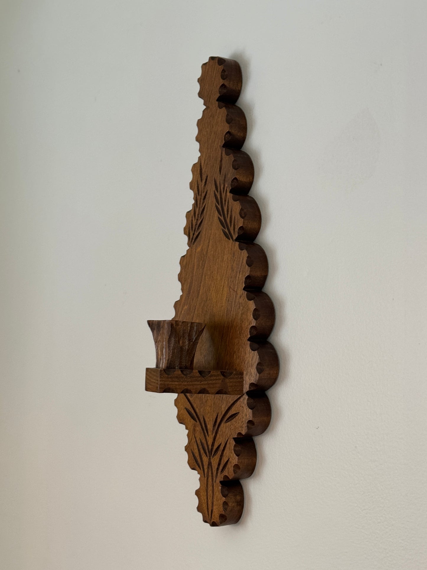 Vintage Wood Folk Art Carved Candle Sconce - Wall Mounted