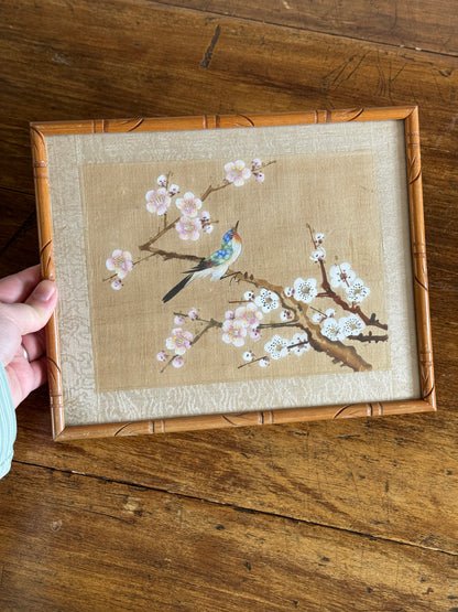 Vintage Bird Painting on Fabric Artwork in Simplistic Wooden Frame