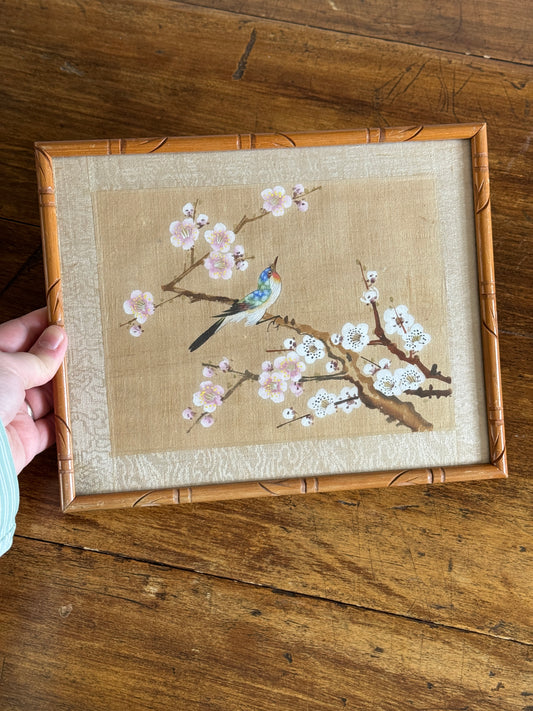 Vintage Bird Painting on Fabric Artwork in Simplistic Wooden Frame
