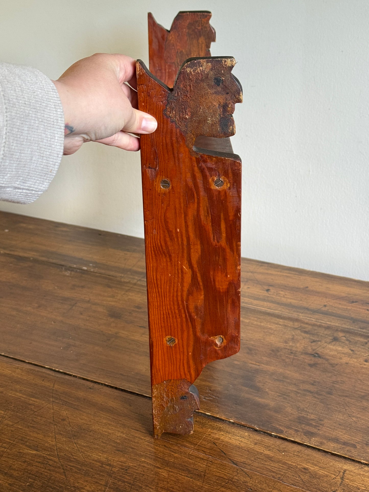 Vintage Folk Shelf Carved Shelf with Profile of Faces on Ends