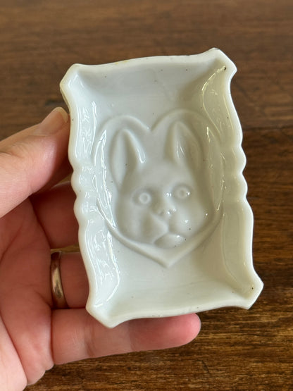 Vintage Japan White Rabbit in Heart Ashtray - Small Ceramic Dish