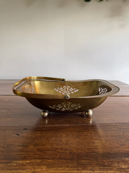Vintage Cutout Brass Bowl with Handle and Small Ball Feet