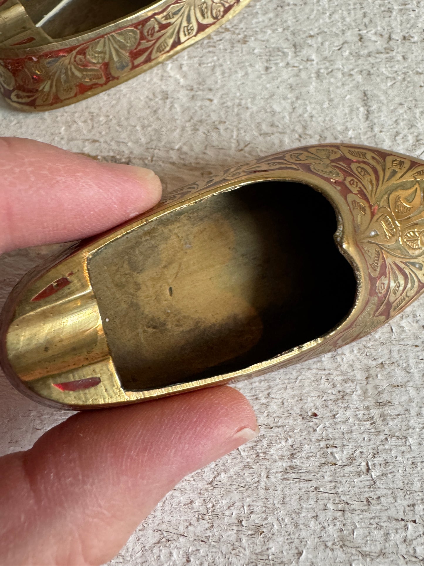 Vintage Pair of Brass with Enamel Shoe Figures - Collectible Ashtray Holder Shaped Like Shoes