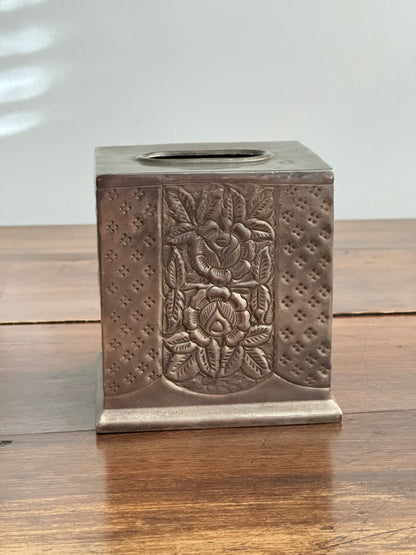 Vintage Silver-Plated Square Tissue Box Holder with Ornate Flower Detailing