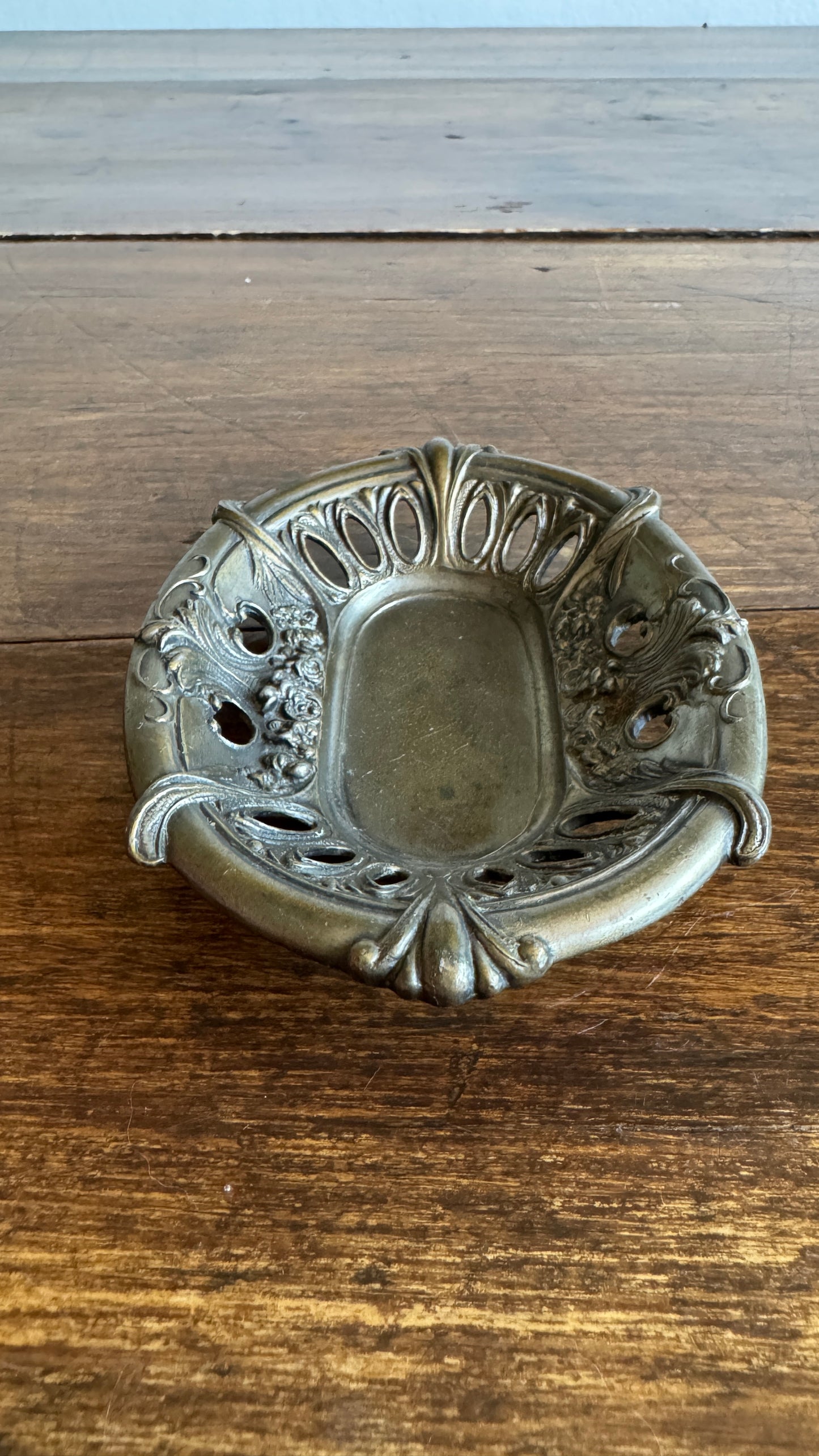 Vintage Embossed Metal Art Nouveau Dish with Ornate Detailing