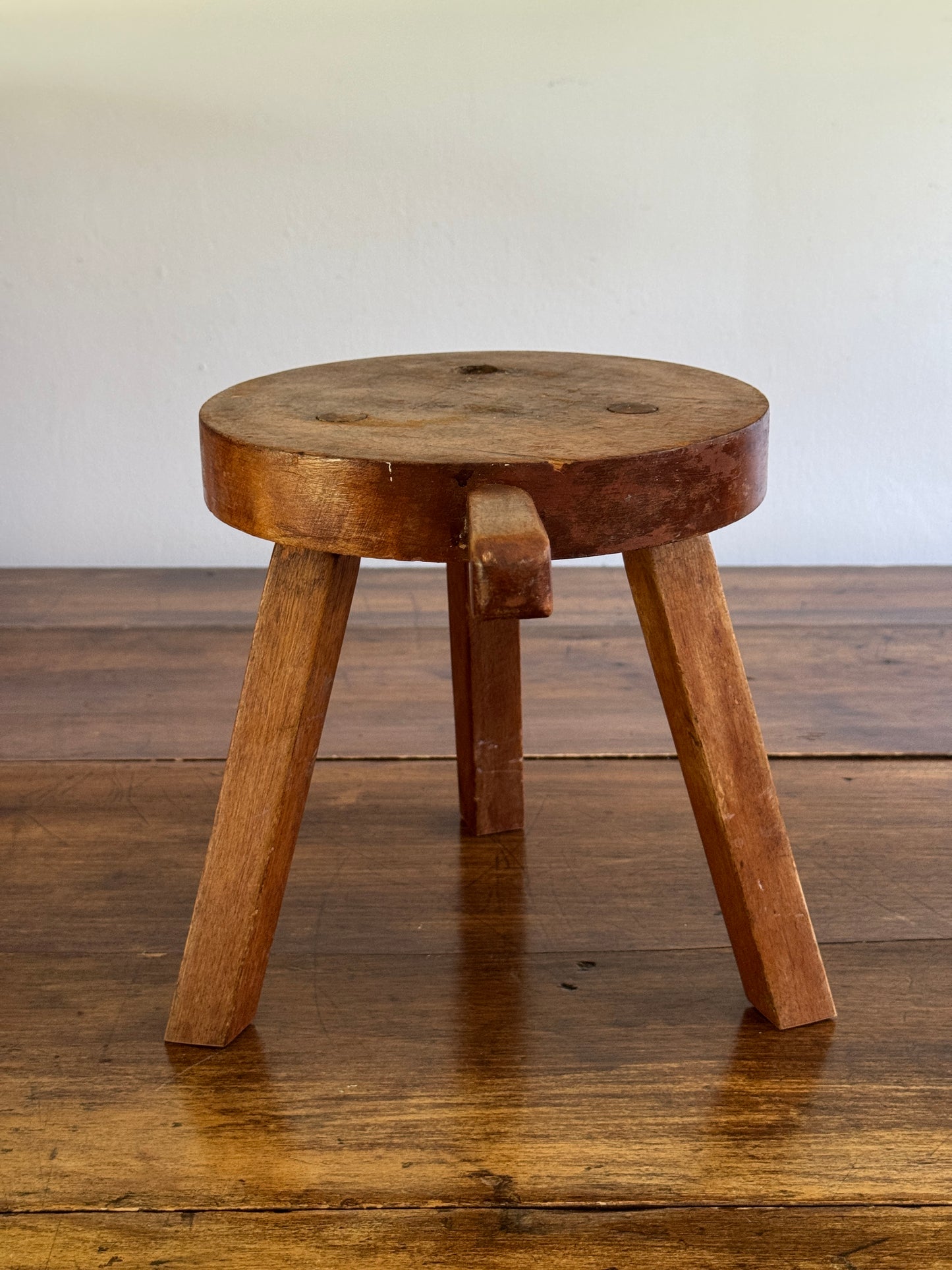 Vintage Small Wood Milk Stool with Handle and Tripod Legs