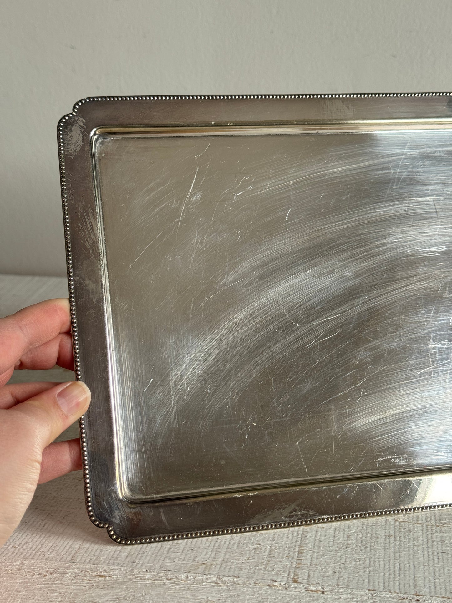 Vintage Silver Plated Flat Serving Tray with Edge Detailing - Medium Sized Silver Serving Plate