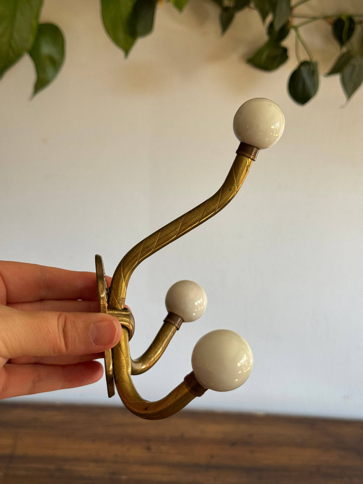 Vintage Ceramic Ball And Brass Wall Hook with Three Hooks