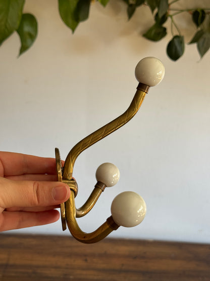 Vintage Ceramic Ball And Brass Wall Hook with Three Hooks